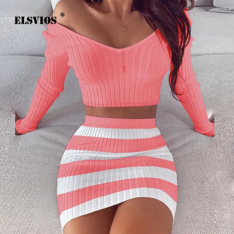 Casual Dresses Women Dress Sets Fashion Slash Neck Striped Knitted Ladies 2021 Spring Summer Long Sleeve Slim Fit Bodycon Party