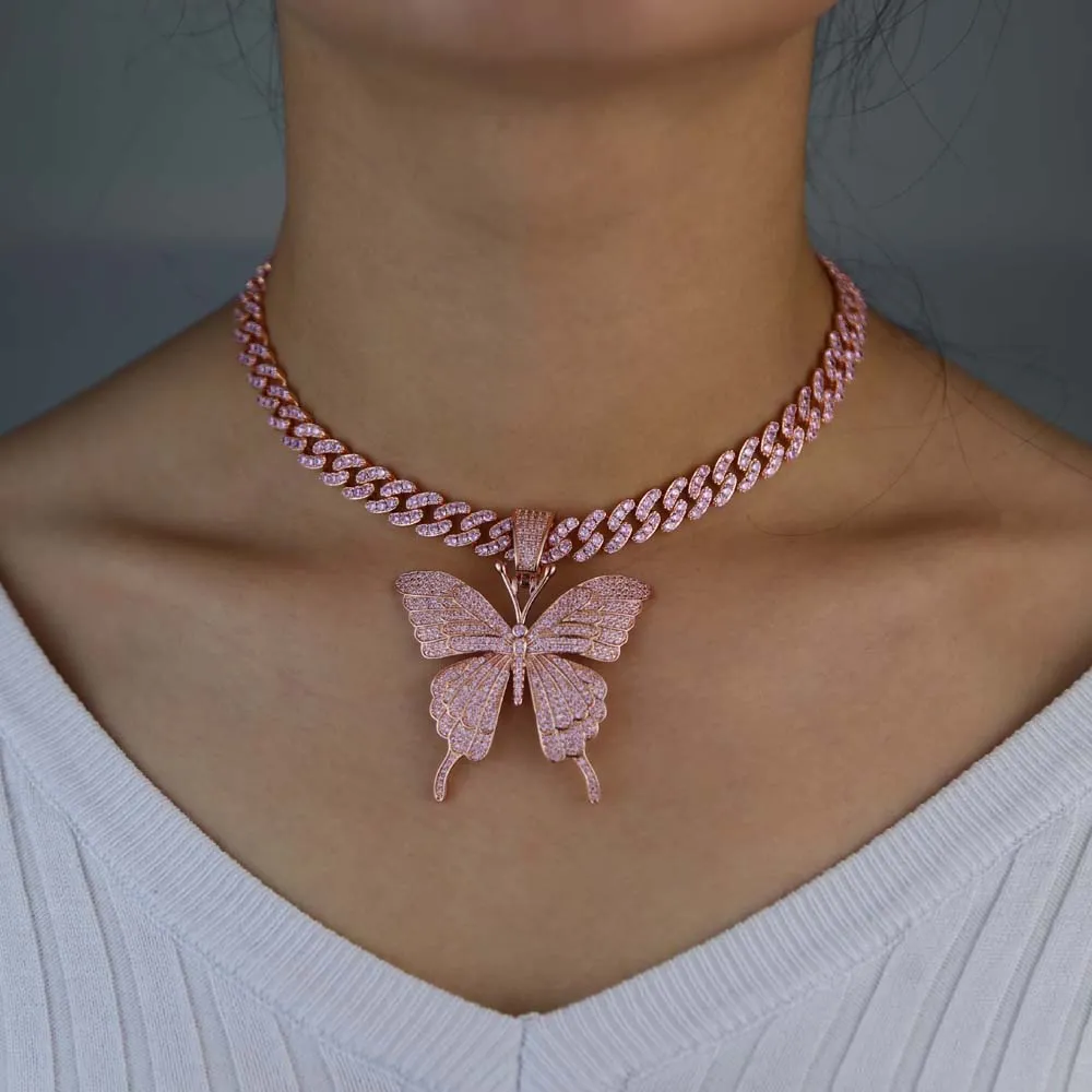 Ice Out Butterfly Pendants Ожерелья CZ CUBAN Chain и теннисные цепи для мужчин Women Hip Hop Choker Jewelry3950955