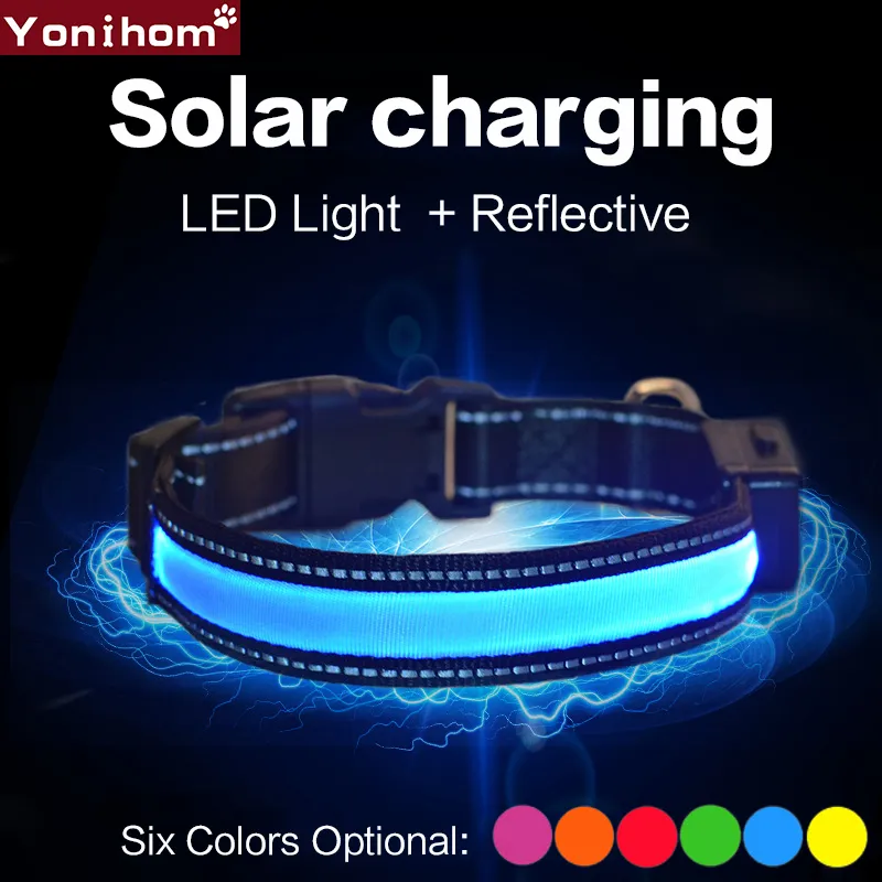 Nylon Pet Dog Collar LED Light Night Safety Light Solar Rechargeable LED Collar Flashing Glowing Pet Dog Rechargeable