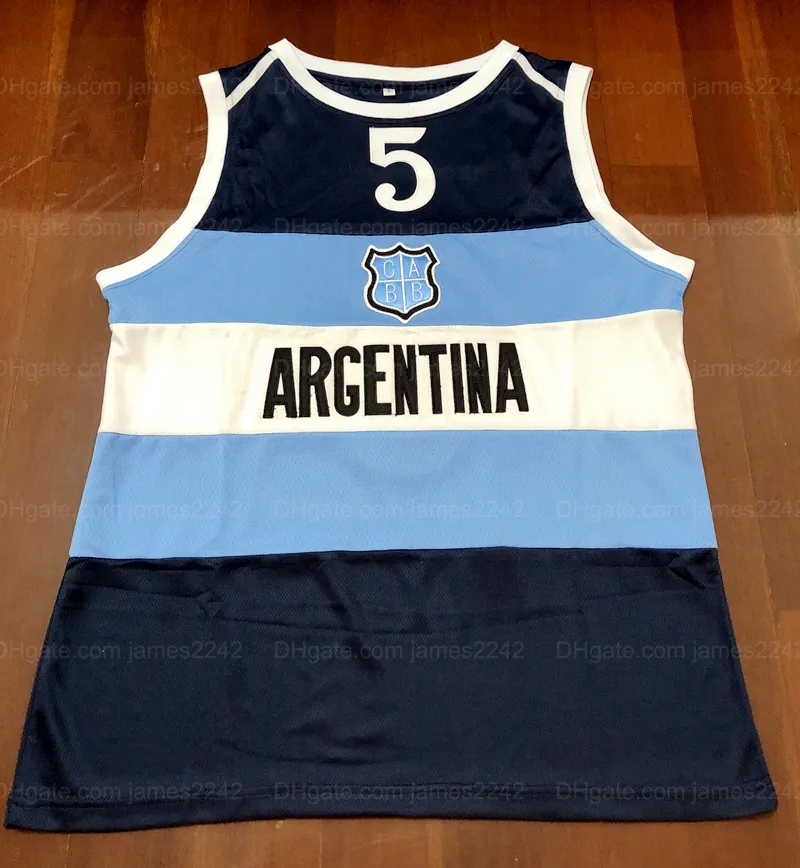 ريترو مانو جينوبيلي # 5 فريق الأرجنتين الكلاسيكية كرة السلة جيرسي رجل مخيط الأزرق الداكن رقم مخصص واسم