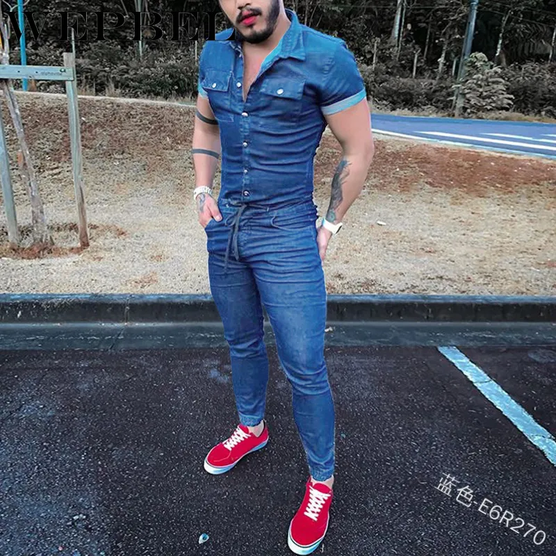 WEPBEL Rahat Skinny Tek Göğüslü Yaka Cep Dantel-up Denim Tulum Erkek Denim Tulum