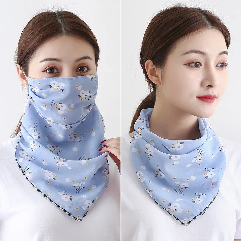 Women Silk Scarves Pareo Sarong Sunscreen Wraps Summer Floral Face Mouth Mask Turban Beach Driving Scarf Sea Chiffon Neckchief