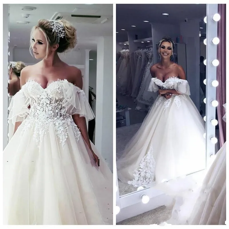 Romantisk blygsam sexig A-Line Bröllopsklänningar Sweetheart Lace Appliques Wedding Dress Bridal Gowns Lace Vestidos de Noiva äktenskap