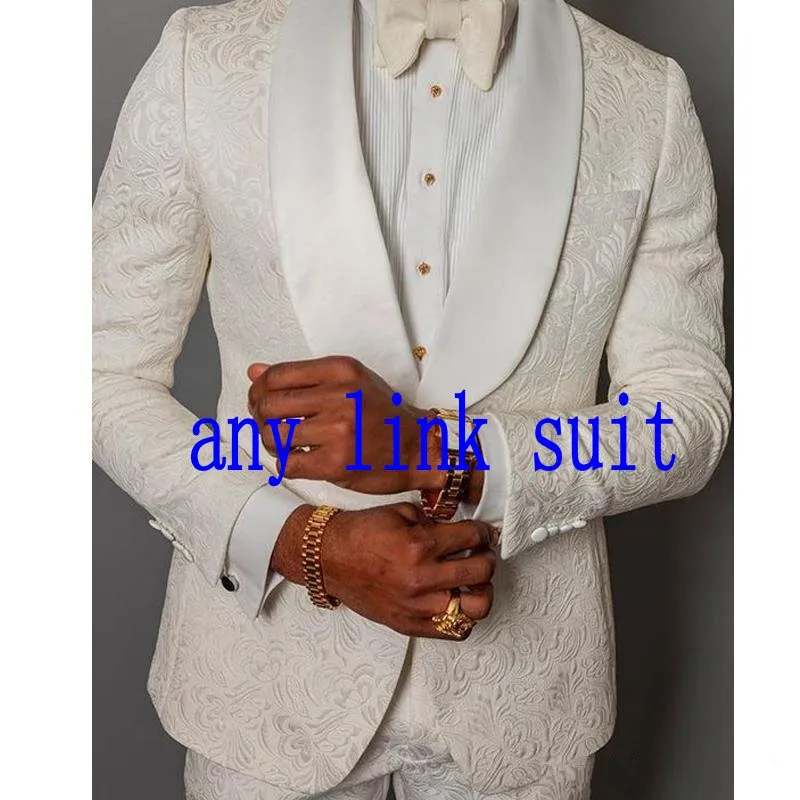 Último diseño One Boton Ivory Paisley Wedding Men Suits Shawl Lapel Two Pieces Business Groom Tuxedos (Chaqueta+pantalones+corbata) W1281