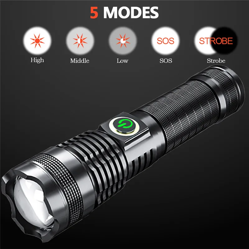 XHP50 Flashlight fishing handheld zoom Led torch 5 Light Modes rechargeable battery lantern for emergency, self-defense, window broken