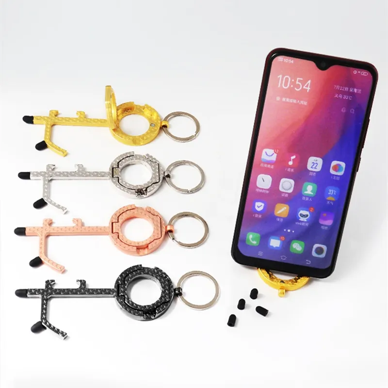 Multifonctionnel EDC Porte-clés Porte-téléphone portable Porte-clés Bouton d'ascenseur sans contact Porte-clés Chaînes Anneau sans contact Outils d'ouverture de porte en métal