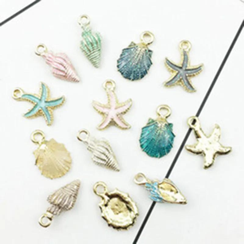 13pcs/lot Nautical Ocea Enamel Sea Starfish Shell Conch Hippocampus Charms Colorful Oil Drop Pendant for Jewelry accessories DIY