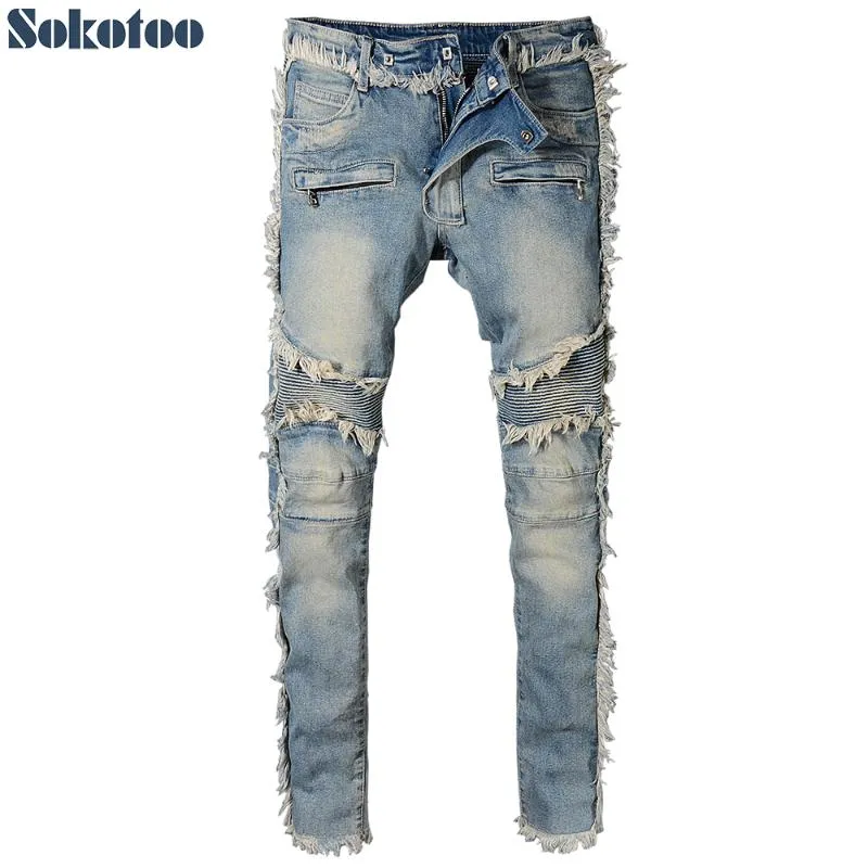 Sokotoo Men's vintage washed denim fringe biker jeans for moto Fashion slim fit straight patchwork pants for big and tall