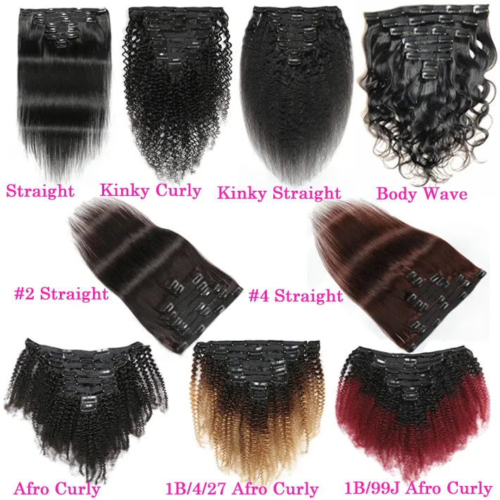 Afro kinky krullende clip in menselijke hair extensions 120 g 8 stks rauwe indian virgin body wave rechte yaki clips op weefsel dikke natuurlijke inslag clip ins