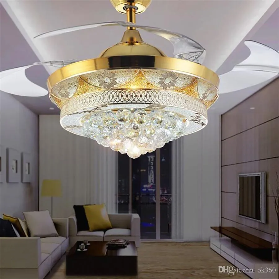 Modern Crystal Invisible Ceiling Fan Light Kit for Living Room Bedroom 42 Inch Gold 4 Telescopic Blades Fan Chandeliers Lighting Fixture