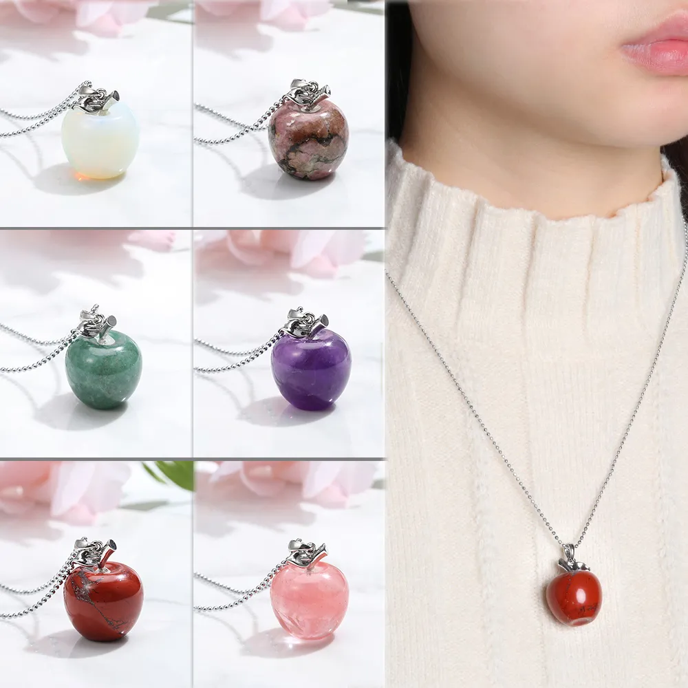 Natural Stone Apple Pendant Crystal Pendants Quartz Bead Chain Necklaces Healing Amulet Lucky Fashion Jewelry for Female Gift