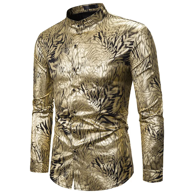 Chemise à col Mandarin pour hommes, or brillant, imprimé serpent, marque, coupe cintrée, manches longues, Costume de bal, boîte de nuit, 2020