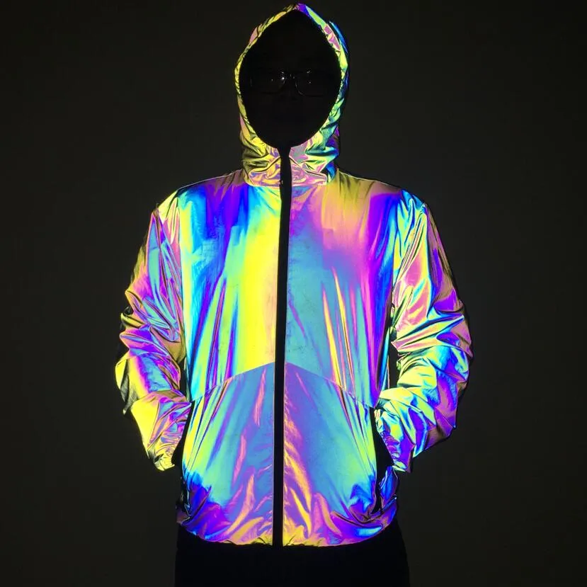 Autumn Winter Men Night Colorful Reflective Hooded Jacket Casual Windbreaker Man Hip Hop Jackets and Coats