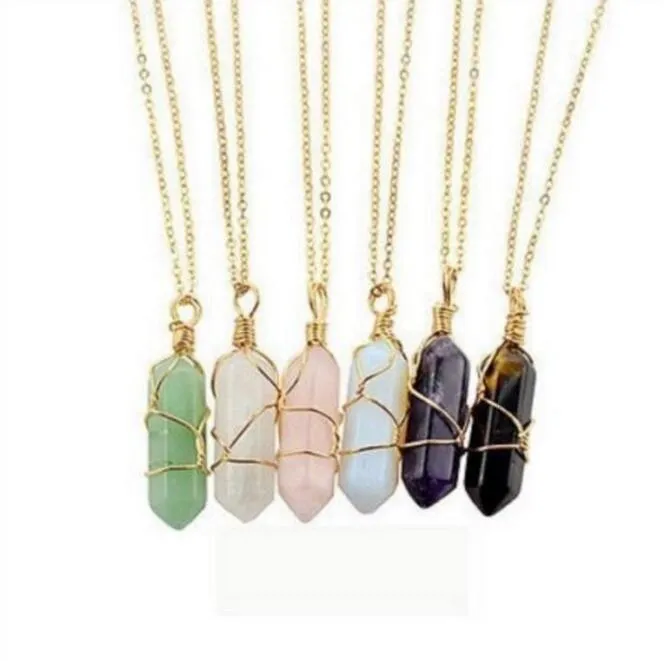 Hexagon Shape Chakra Natural Stone Healing Point Pendants Necklaces with Gold Chain for Women Jewelry Gift willl and sandy jewelry GD474