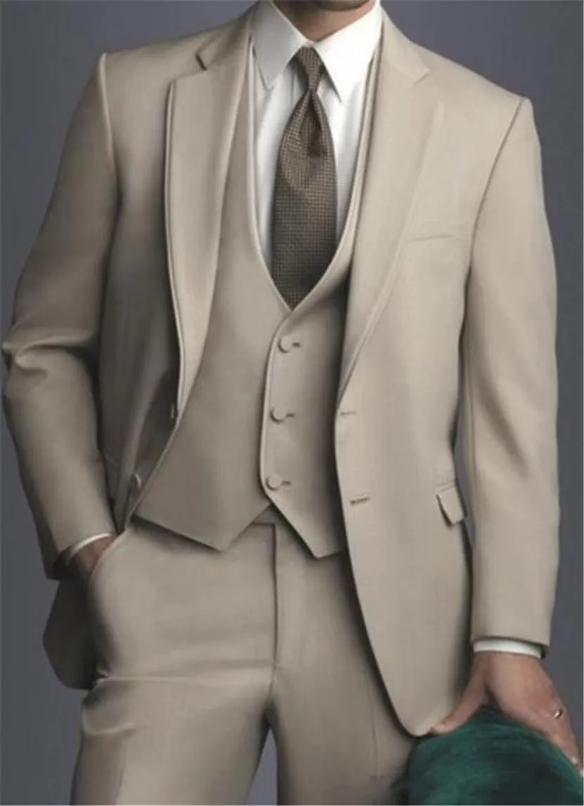 Mode Beige Bruidegom Tuxedos Notch Revers Slim Fit Groomsman Bruiloft 3 Stuk Pak Mannen Business Prom Jacket Blazer (jas + Broek + Tie + Vest) 658