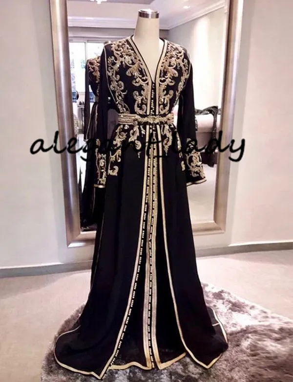Black Long Sleeve Moroccan Caftans Sweep Train Vintage Party Dress with Embroidery 2021 Muslim Kftan Arabic Evening Dress