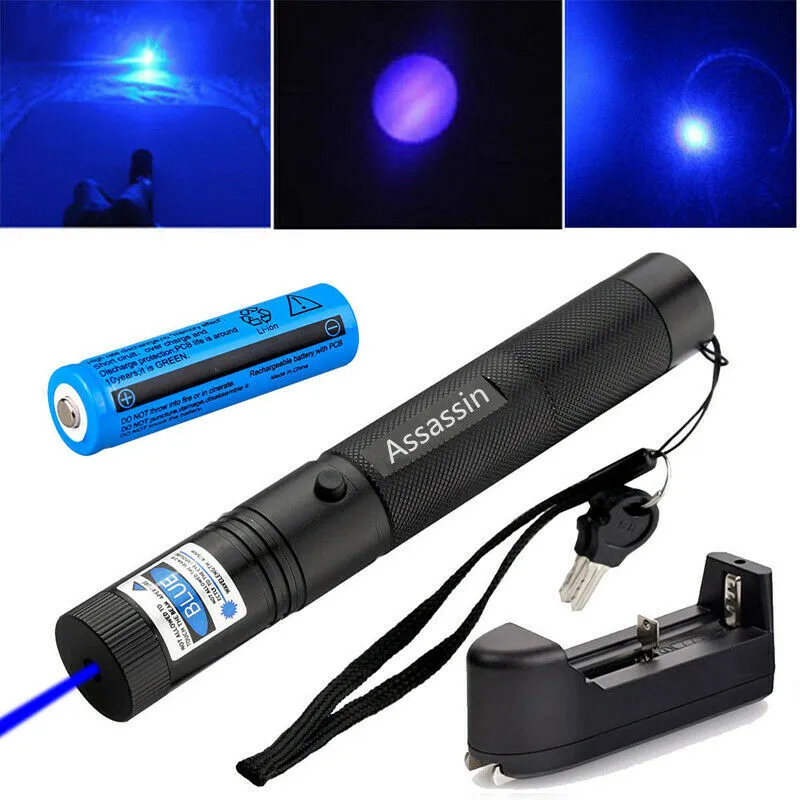 Synlig Blå Voilet Laser Pointer Pen 10Miles Enkelröst Laddbar Blue Lazer Pen Pointer 405nm + 18650 Batteri + Laddare