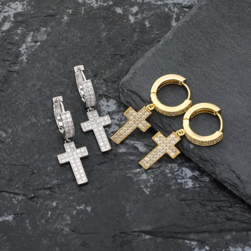 New Hip Hop Cross Earrings Jewelry Gold Silver Fashion Mens Earrings Double Row Zircon Cross Earrings