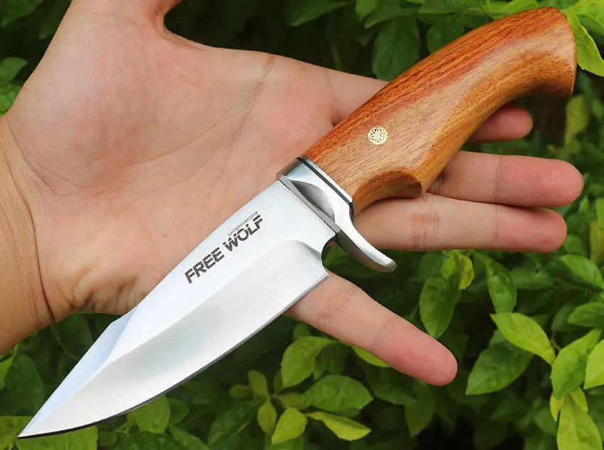 Freewolf Outdoor Survival Straight Hunting Knife 8Cr13 Satin Blade Rosewood Handle Fixed Blade With Leather Sheath