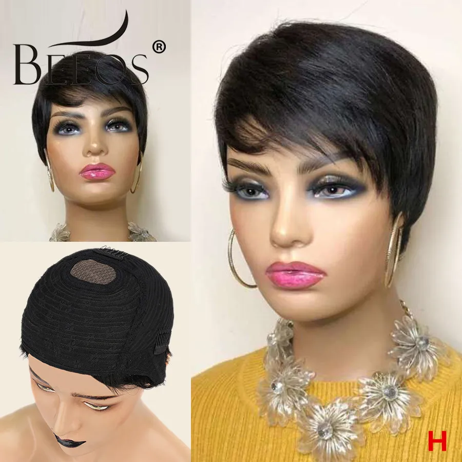 Beeos 150% 1.5*2 Closure Wigs Short Straight Bob Hair Natural Color Brazilian Remy Human Hair Wigs With Bang