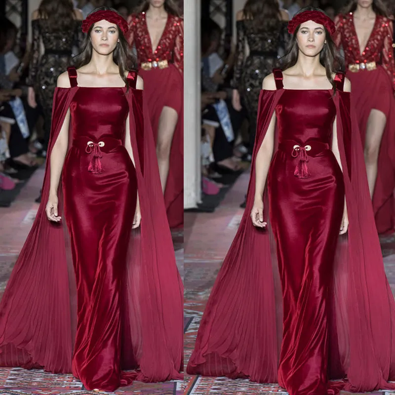 2021 Zuhair Murad Robes De Bal Avec Wraps Rouge Foncé Sexy Spaghetti Sirène Robes De Soirée Tapis Rouge Piste Robe De Mode