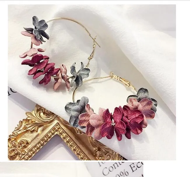 Fashion Elegant Fabric Flower Drop Earrings For Women Bijoux Sweety Colourful Petal Alloy Ear Circle Big Earrings Brinco GB1130