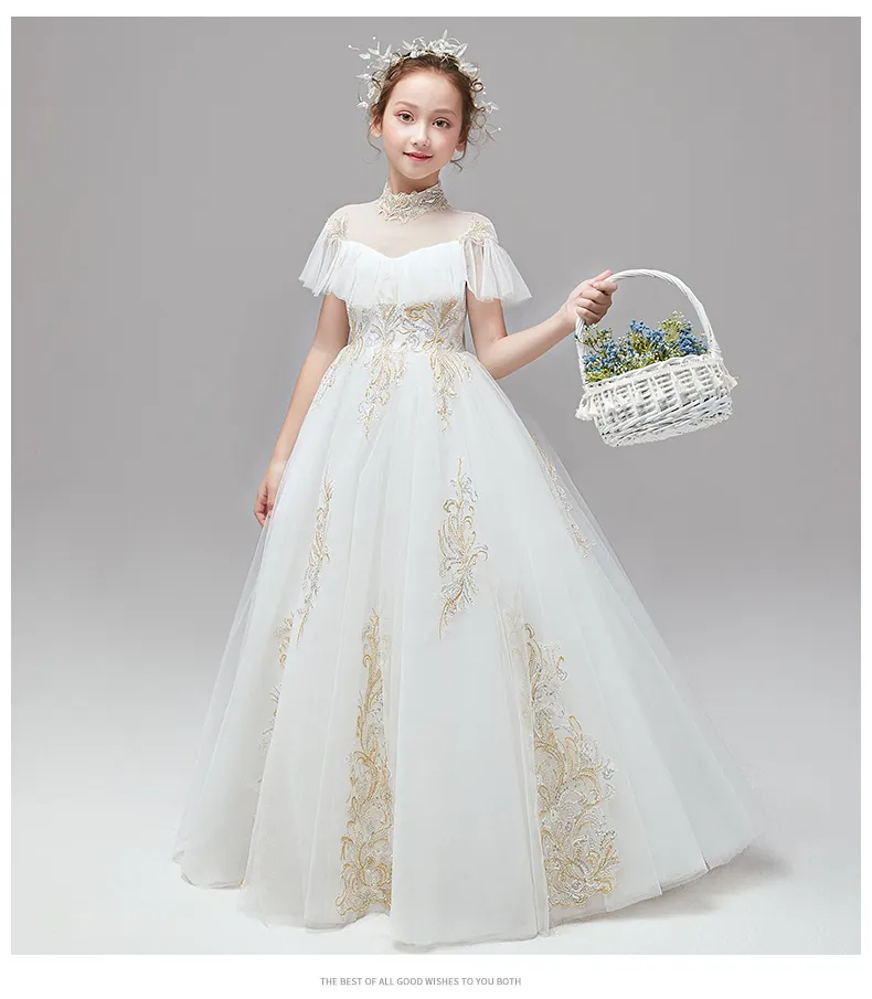 2021 High Neck Ivory Tulle Gold Embroidered Boho Flower Girl First communion dress with Short Sleeves for First Holy Communion, Wedding, Toddler
