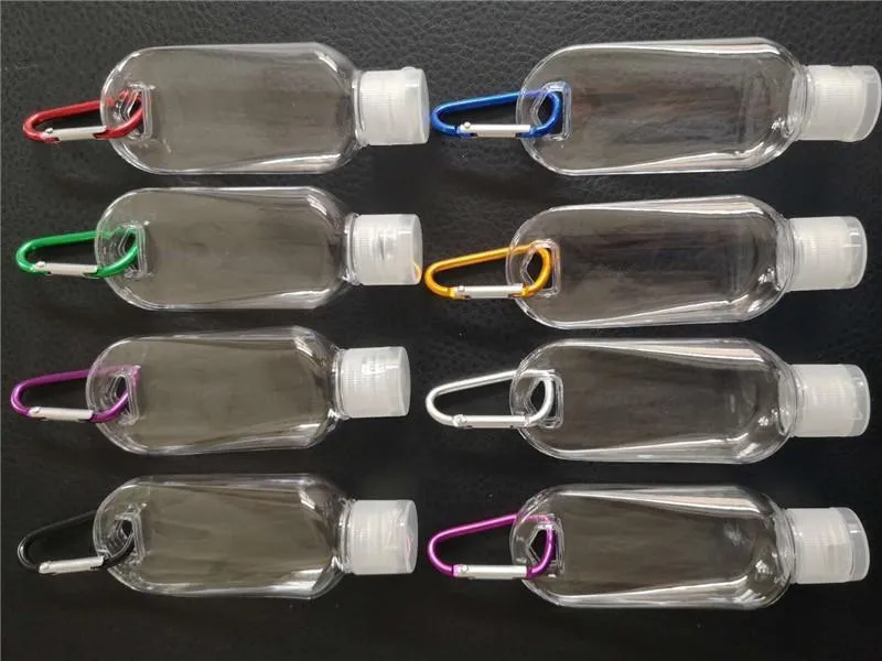 Botella rellenable de Alcohol vacía de plástico de 50ml con gancho para llavero, Mini desinfectante de manos portátil transparente, botellas desechables