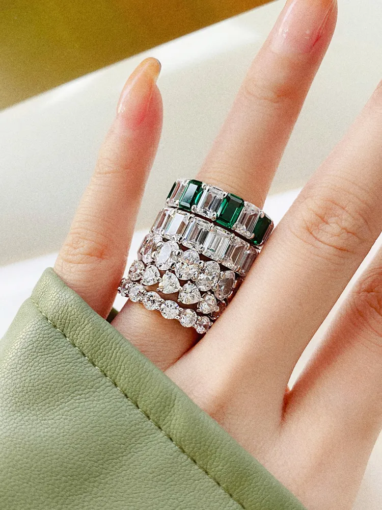 Drop Shipping Brand New Luxury Jewelry 925 Sterling Silver Emerald Cut 5A CZ Mosang Party Diamond Women Wedding Eternity Finger Ring Gift