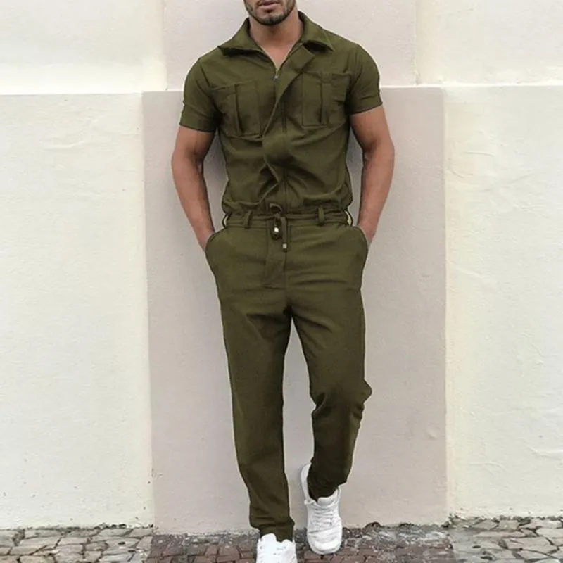 Mens Casual Short Sleeve Black Jumpsuit Men With Zipper Summer