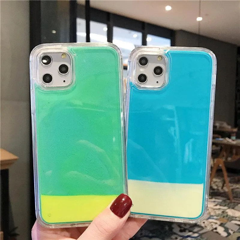 Nuova copertura di sabbia al neon luminosa per Iphone 11 Pro XS Max X XR 6 7 8 Plus Glow In The Dark Liquid Glitter Quicksand Custodie