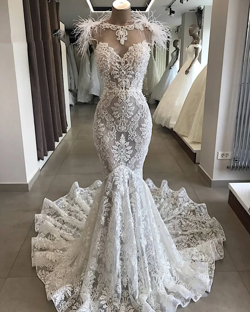 2020 Robe De Mariee Luxuriöse Brautkleider Bodenlangen Spitze Meerjungfrau Nach Maß Brautkleider Feder Vestido De Novia Sirena262b