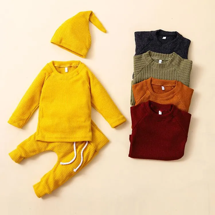 الخريف ملابس الأطفال حديثي الولادة الصلبة الحياكة الملابس مجموعات كم طويل بلايز + سروال + قبعة مل 3pcs / مجموعة ملابس الطفل وتتسابق الرضع محبوك