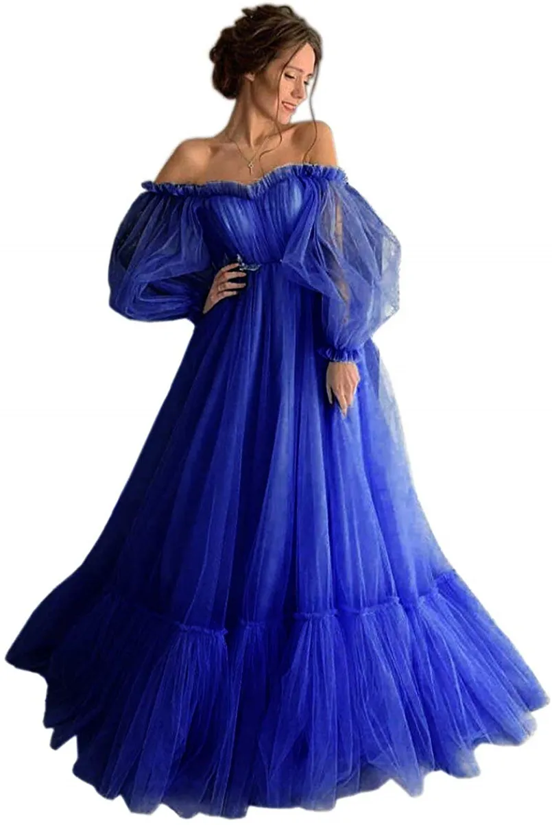 Robe de bal bleue Sexy, manches longues, épaules dénudées, robe de princesse en Tulle à lacets, robes de soirée formelles, grande taille