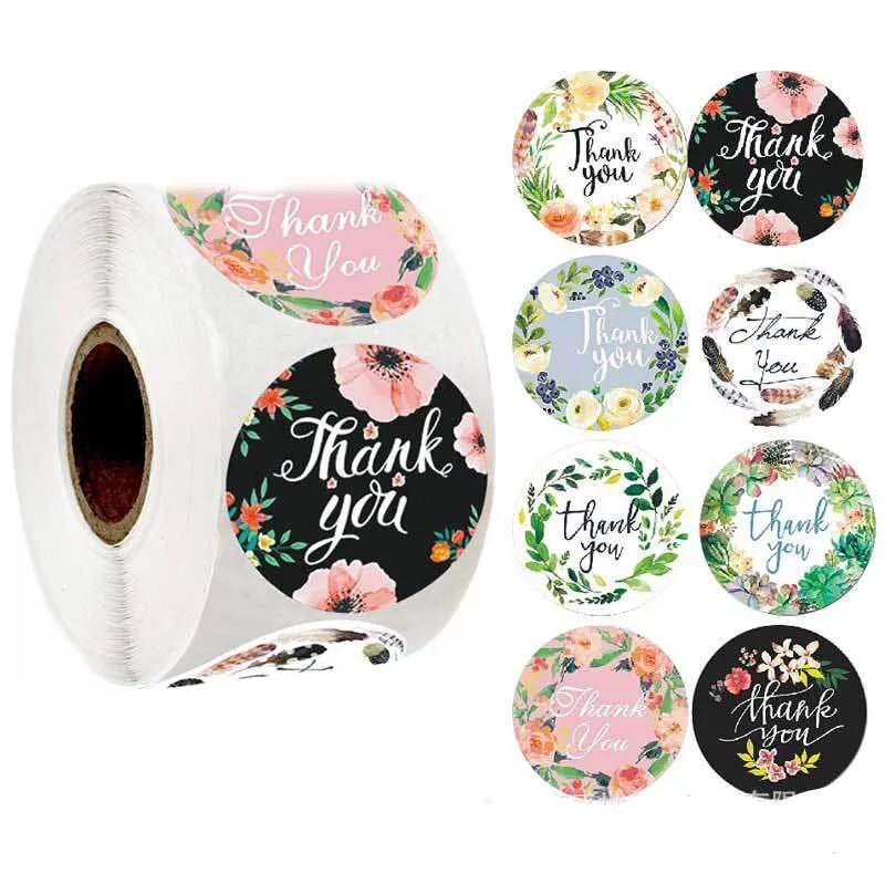 500 stks / roll round floral dank u stickers 1inch voor bruiloft gunsten en partij handgemaakte stickers envelop zeehonden briefpapier sticker