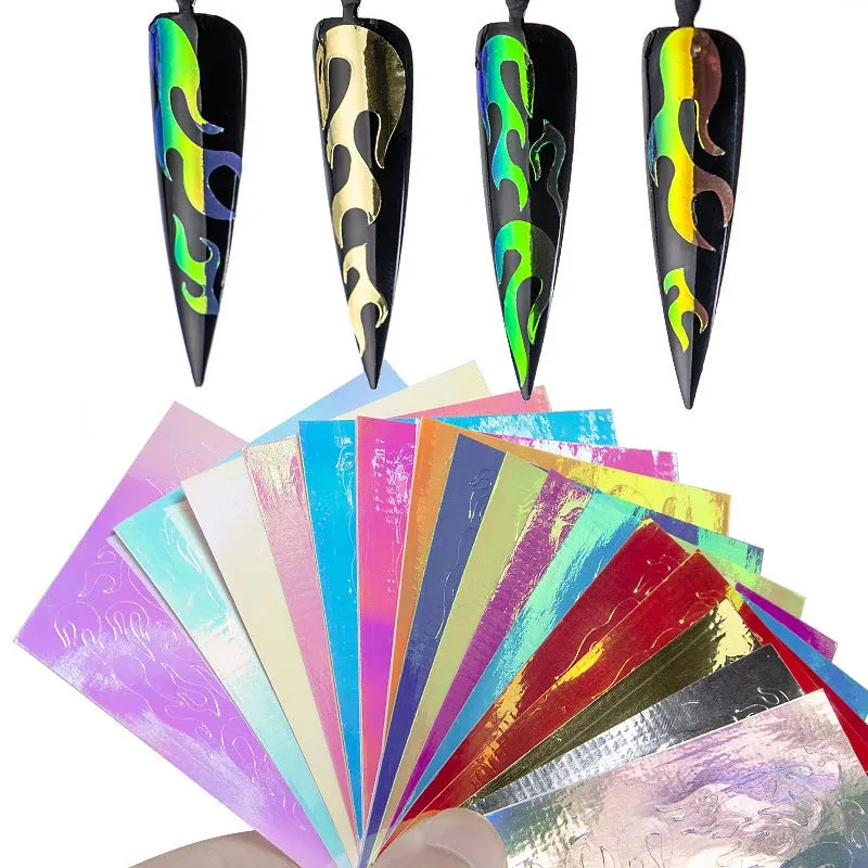 16 ark/ställ in Aurora Flame Nail Sticker holografiska färgglada brandreflektioner Nagel dekal självhäftande folier diy nagelkonst dekoration klistermärke