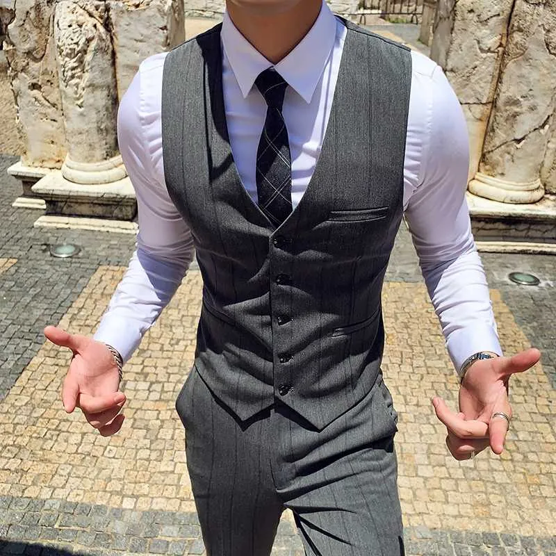 hombre gris a rayas pantalones de traje y chaleco pantalones casuales de la moda chalecos de gran tama o 29 35 2020 nuevos pantalones chaleco de los