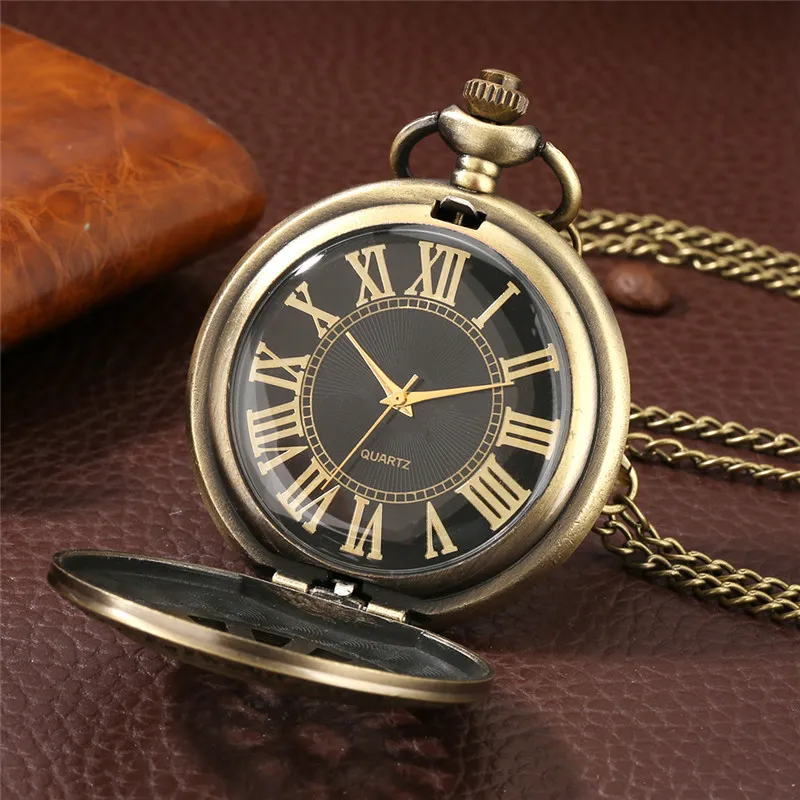 Vintage Bronze Hollow Wheel Gear Case Quartz Pocket Watch Roman Numerals Men Women Necklace Pendant Chain Gifts