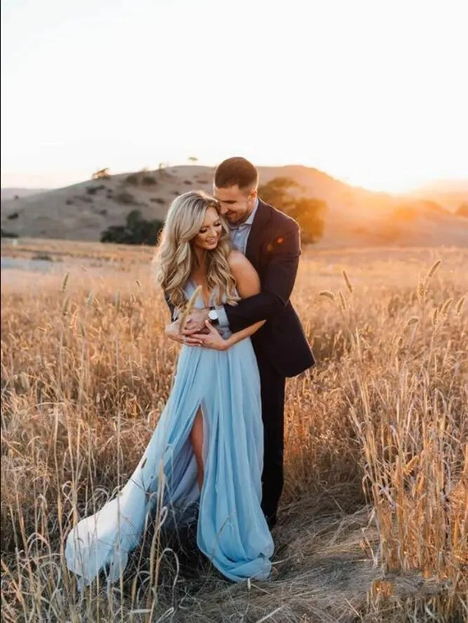 Ice Blue Chiffon Beach Wedding Dresses Long Train With Thighspit 2020 Pleated Deep V Neck Bohemian Boho Wedding Dress Bridal Gowns Cheap From 39 75 DHgate