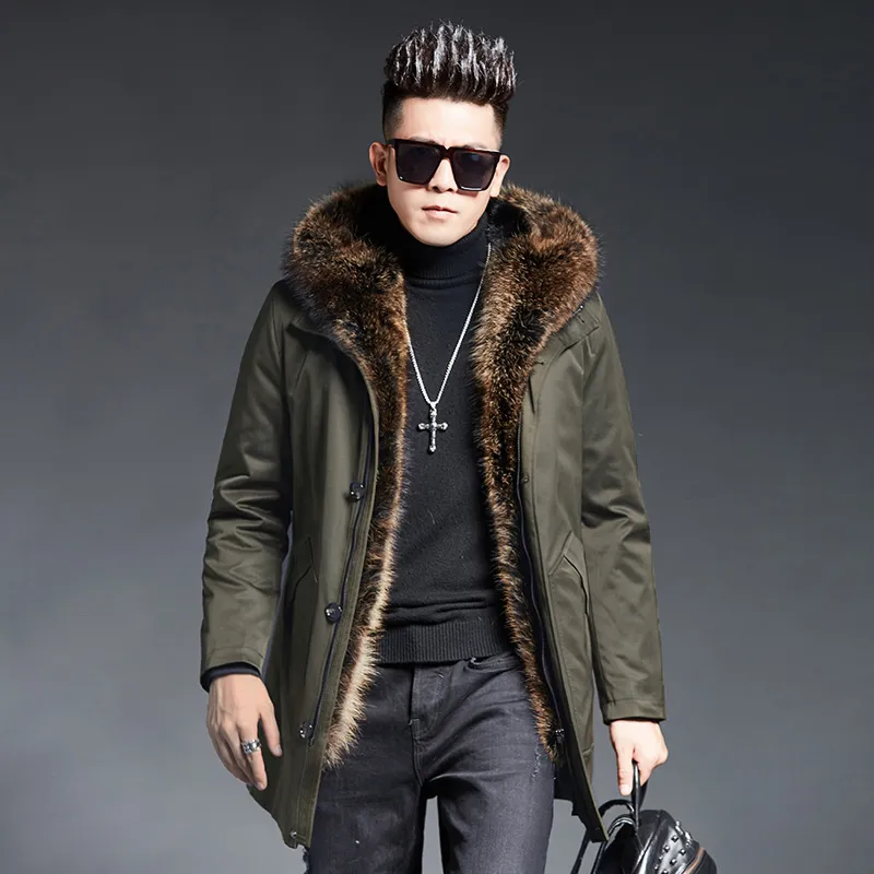 Real Fur Jackt Män Vinterpälsrockar Naturlig tvättbjörn Fur Collar Hoodies Warm OuterWear Long Parkas L XL 2XL 3XL 4XL