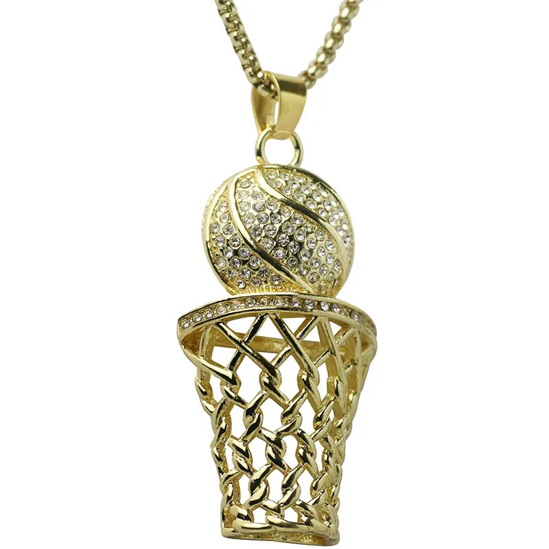 Hip Hop Bling Iced Out Full Rhinestone Basketball Pendant Necklace Stainless Steel Sport Long Necklaces for Mens Jewelry