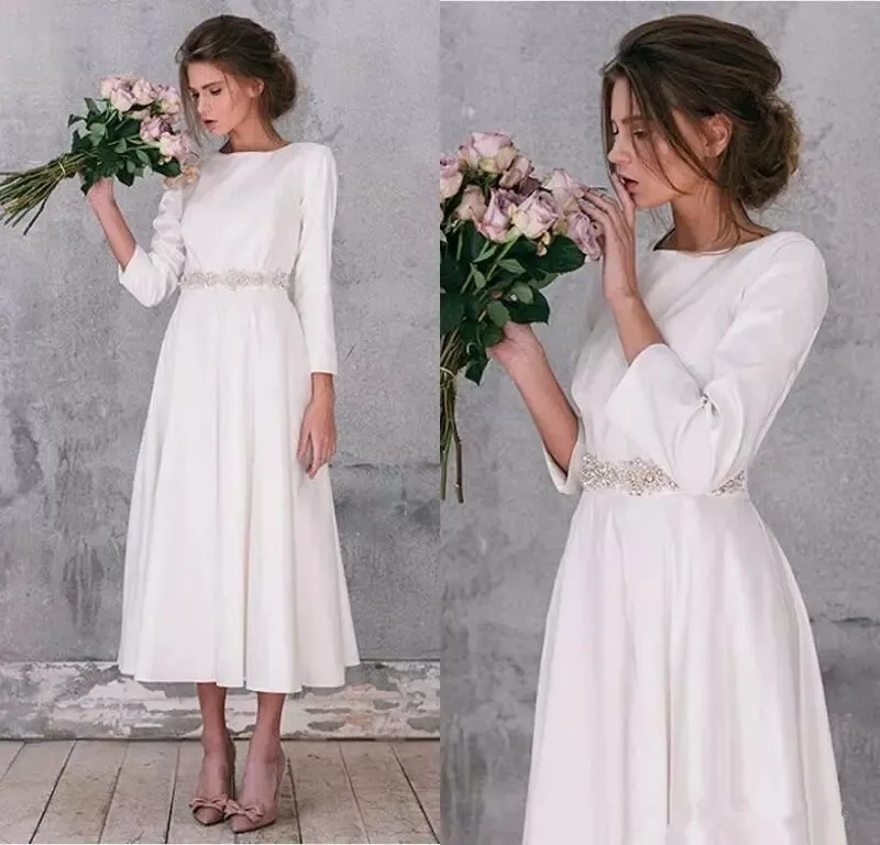 2020 Long Sleeve soft Satin short Wedding Dresses Vintage A Line beaded belt Tea Length Gorgeous Simple Wedding Bridal Gowns Robe De Mariage