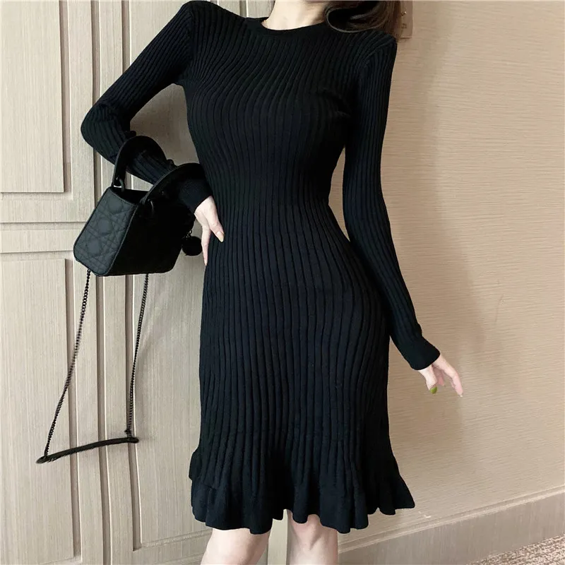 Jesień zima trąbka bodycon sukienka kobieta dzianiny sweter długi rękaw sukienki koreański styl slim vestidos roupas femininas nowy