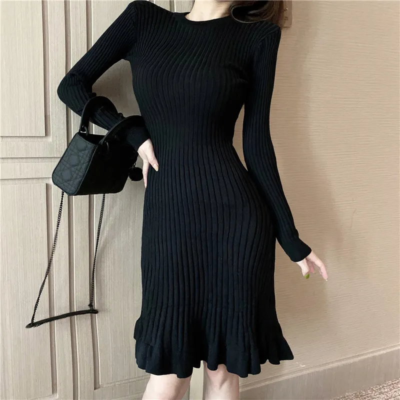 autumn winter trumpet bodycon dress woman knitted Sweater long sleeve dresses Korean style Slim vestidos roupas femininas new