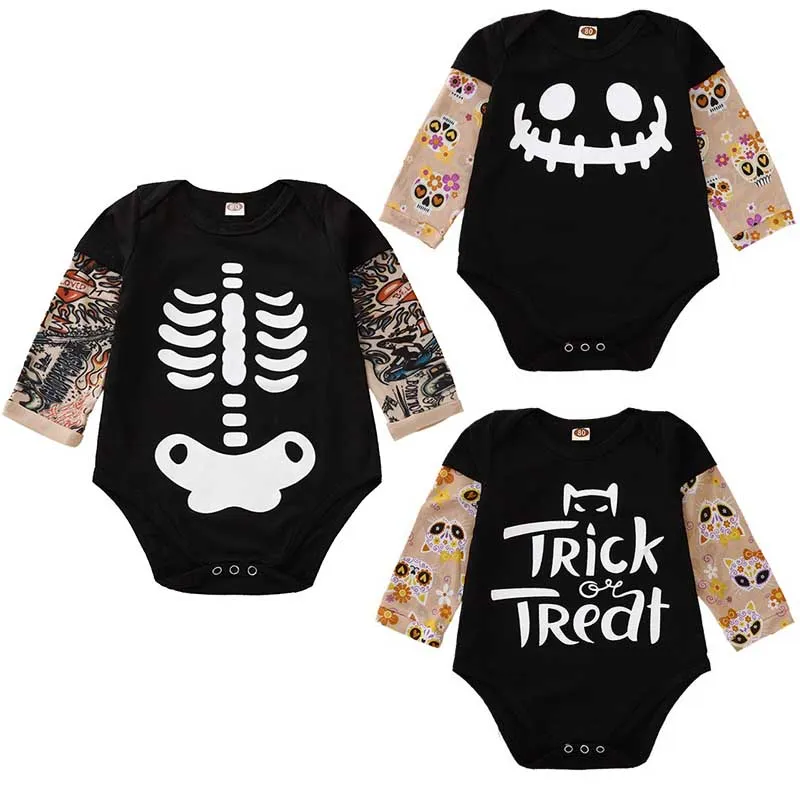 Mode Baby Kläder Boys Girls In Tatuering Ärm Romper Halloween Långärmad Brev Skull Tryckt Jumpsuits Infant Clothes M2411