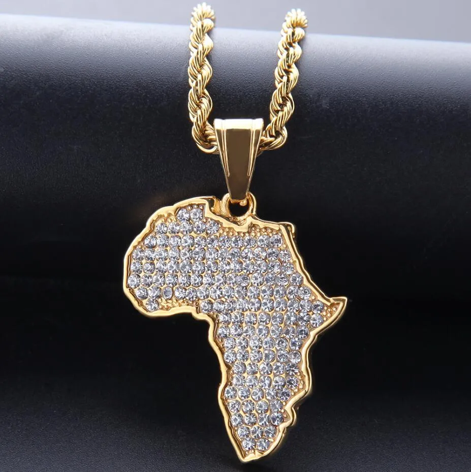 Hip Hop African Maps Full Drill Pendant Necklaces 14kK Gold Plated Set Auger Crystal Stainless Steel Necklace Mens Women Jewelry Gifts