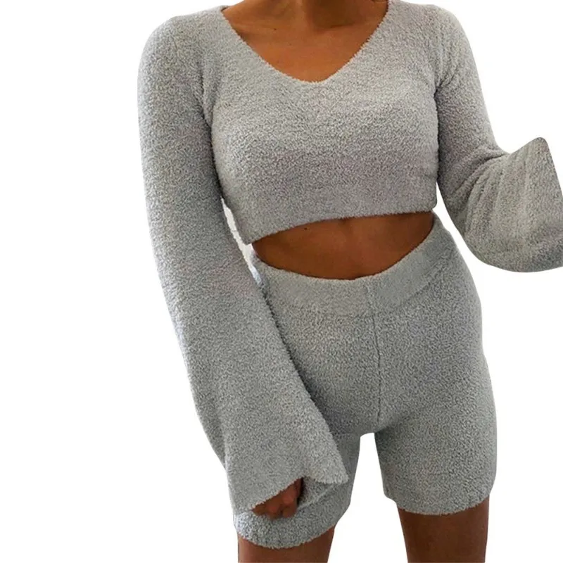 Women's 2pcs Autumn Winter Sets Casual Plush Fluffy Solid White Home Loungewear Outfits Flare-sleeve Sweatshirts Tops Shorts