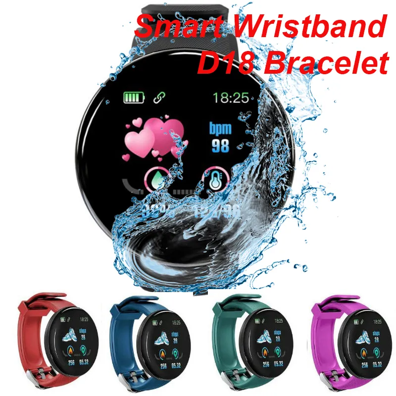D18 Smart Wristbands Armband med blodtryck Hjärtfrekvens Tracker Passometer Användbar teknik Vattentät SmartWatch för alla människor