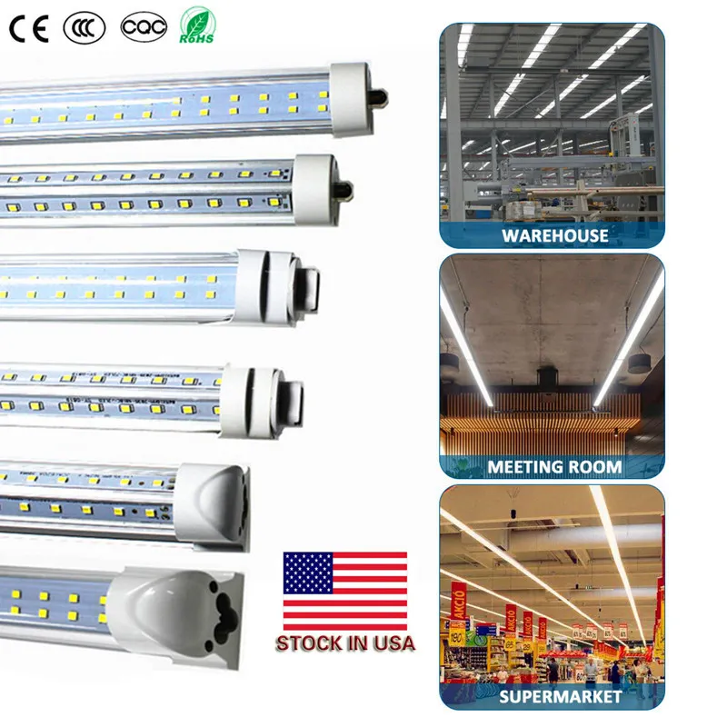 Vind vergelijkbare bouillon in US + V-vormige 8ft T8 R17D LED-buizen enkele pin FA8 8 voet LED-LICHT TIMEN Dubbele rijen LED fluorescerende buis AC 85-265V Directe draad voor winkelgarage