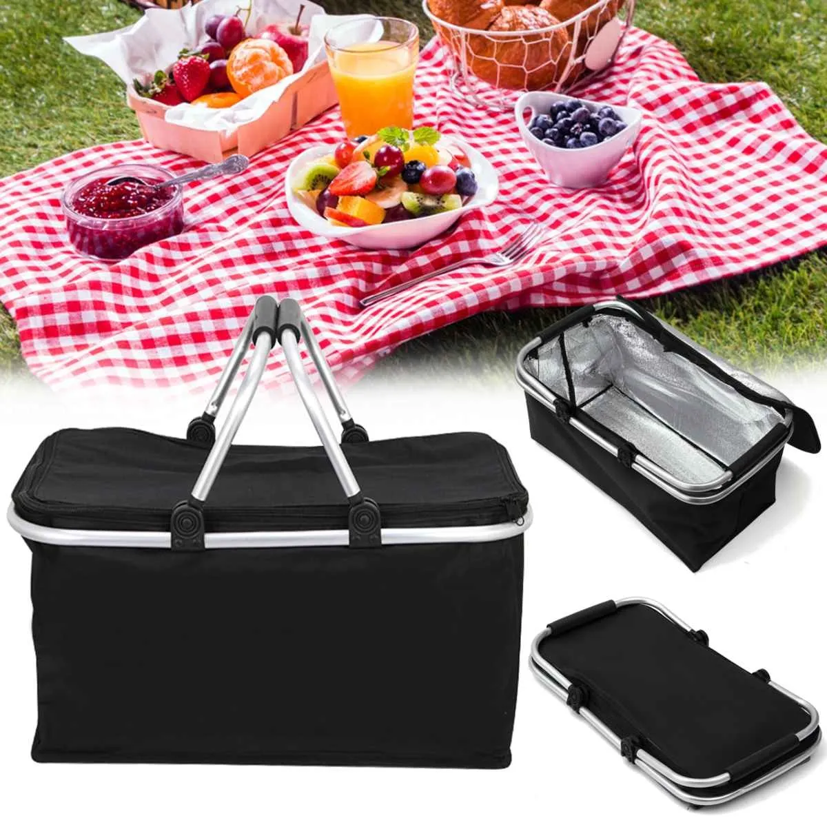 Panier De Pique-nique Isolé 30L Pliable - Glacière Thermique Portable Pour Camping Voyage - Noir, Avec Poignée Et Poche